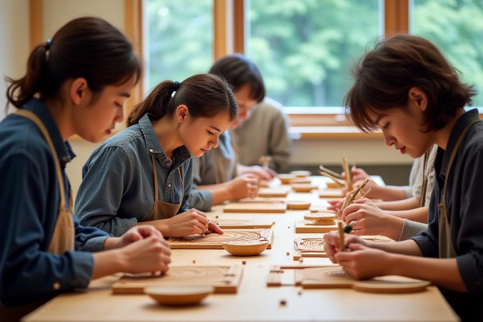 ワークショップの参加者たちが木材を彫刻している様子