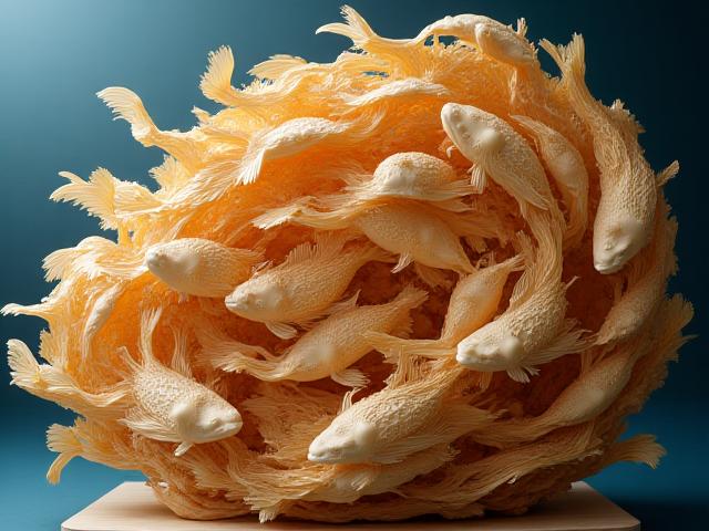 魚の群れを模した木製彫刻
